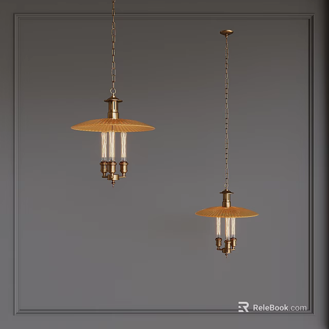 Pair of Brass Bamboo Pendant Lights Hanging on Gray Wall Background 3d model 
