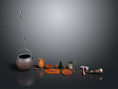 Vintage Household Items Featuring Metal Pot Clay Pots Green Bottle Orange Plates And Rolling Pin 3d model