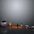 Vintage Household Items Featuring Metal Pot Clay Pots Green Bottle Orange Plates And Rolling Pin
