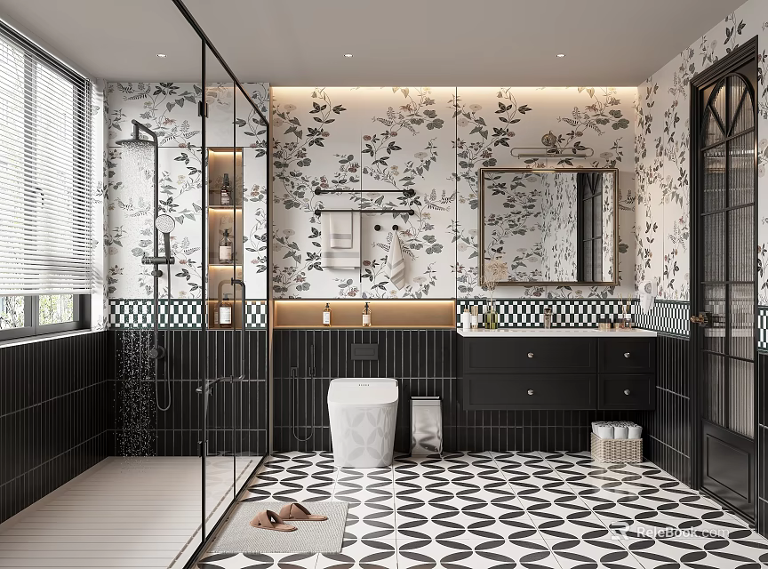 Modern Bathroom Interior With Black And White Patterned Tiles Glass Shower And Large Mirror 3d model 