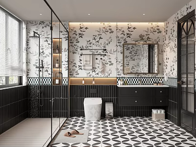 Modern Bathroom Interior With Black And White Patterned Tiles Glass Shower And Large Mirror 3d model