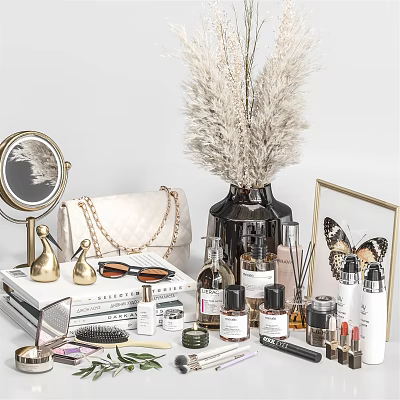 Decorative Ornament Set With Mirror Bag Perfume Bottles Vase Pampas Grass And Cosmetics 3d model