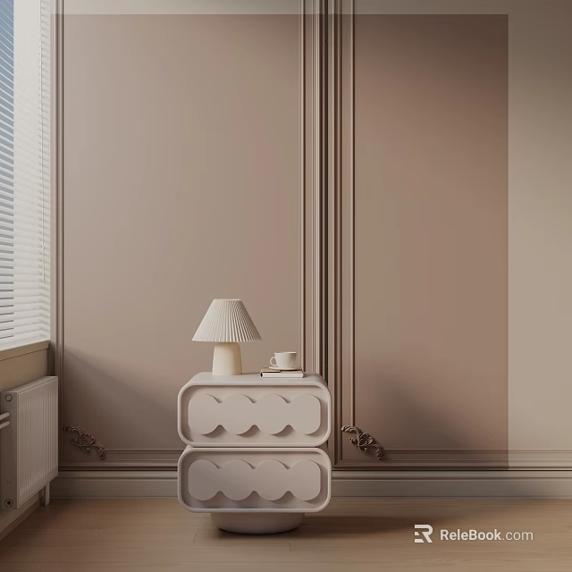 Minimalist Light Colored Side Table With Table Lamp And Cup By Decorative Wall Window 3d model 
