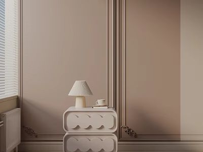 Minimalist Light Colored Side Table With Table Lamp And Cup By Decorative Wall Window 3d model