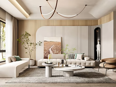 Modern Living Room Interior With White Sofa Round Coffee Table Abstract Painting And Hanging Chandelier 3d model