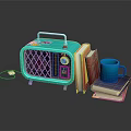 Vintage Blue Radio With Stacked Books And Blue Mug On Dark Surface