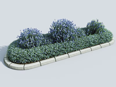 Green Bushes With Blue Flowering Shrubs In Landscaped Stone Border Garden 3d model