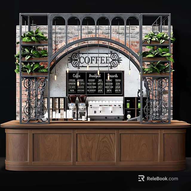 Coffee Reception Counter With Brick Wall Iron Decorations Green Plants Coffee Menu And Machine 3d model 