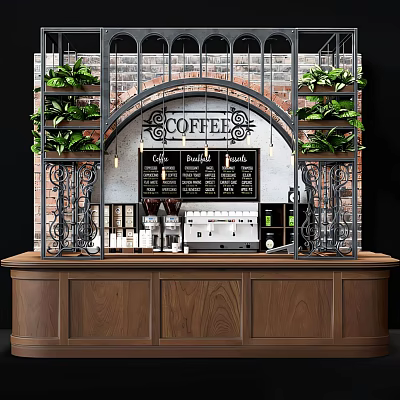 Coffee Reception Counter With Brick Wall Iron Decorations Green Plants Coffee Menu And Machine 3d model