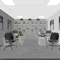 Modern Public Office Space Interior With Office Desks Chairs Bookshelves Green Plants And Wall Posters