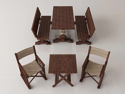 Wooden Table and Chair Set With Bench Cross Legs And Woven Seat Chairs 3d model