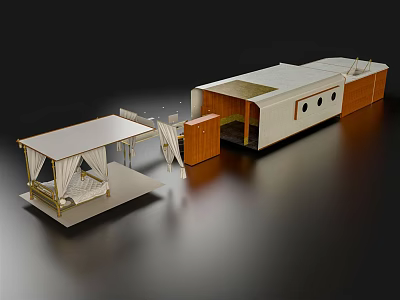 White Tent Style Double Bed With Outdoor Canopy And Wooden Frame Design 3d model