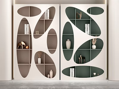 Modern Bookcase With Oval Cutouts White Green Open Shelves Displaying Books Vases And Decorative Items 3d model