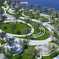 Modern Open Park Landscape With Curved Walkways Green Spaces Water Features Seaside