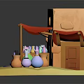 Cartoon Small Shop Scene With Yellow Building Red Awning and Colorful Bottles