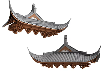 Traditional Chinese Architectural Components With Curved Roof Eaves Gray Tiles And Wooden Brackets 3d model