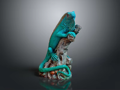 Green Lizard Detailed Sculpture Perched on Textured Tree Stump Against Dark Background 3d model