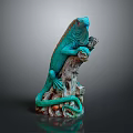Green Lizard Detailed Sculpture Perched on Textured Tree Stump Against Dark Background