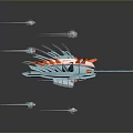 3D Rendering of Futuristic Spaceship With Small Drones Flying in Dark Background