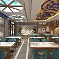 Mongolian Restaurant With Yurt Style Design Colorful Prayer Flags Wooden Decor Green Plants Blue Chairs