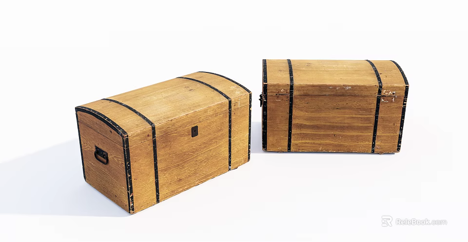 Two Vintage Wooden Trunks With Black Stripes And Metal Lock Details 3d model 