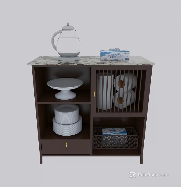 Marble Top Dining Table Sideboard With Glass Teapot Tissue Box Plates Paper Rolls And Basket 3d model 