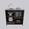 Marble Top Dining Table Sideboard With Glass Teapot Tissue Box Plates Paper Rolls And Basket