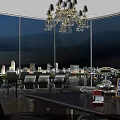Modern Bar Interior With Large Windows City Skyline View And Chandelier Seating