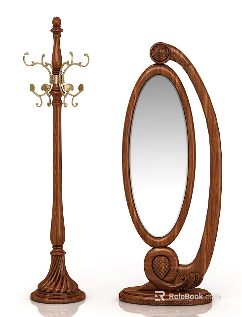 Elegant Oval Wooden Mirror With Classic Frame And Standing Base Design 3d model 