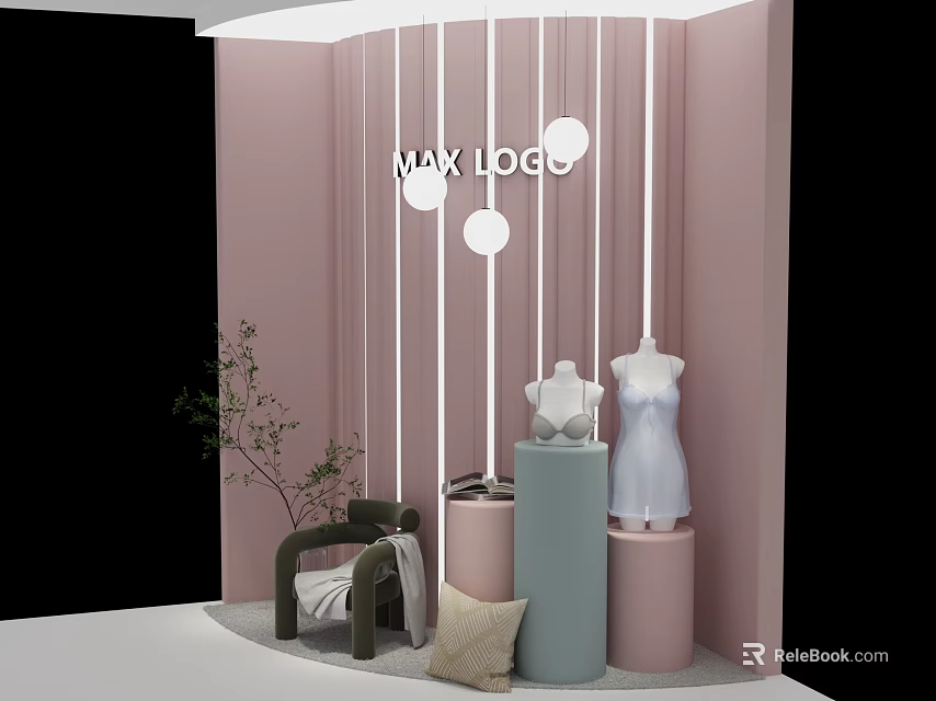Modern Pink Window Display with Striped Decor Mannequin White Dress Cylindrical Pedestals and Green Plants 3d model 