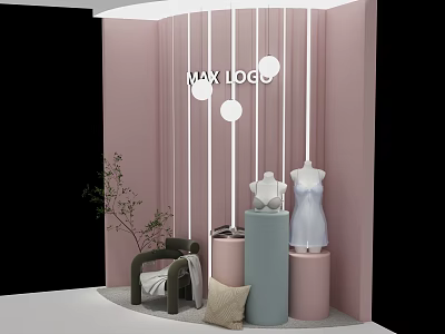 Modern Pink Window Display with Striped Decor Mannequin White Dress Cylindrical Pedestals and Green Plants 3d model