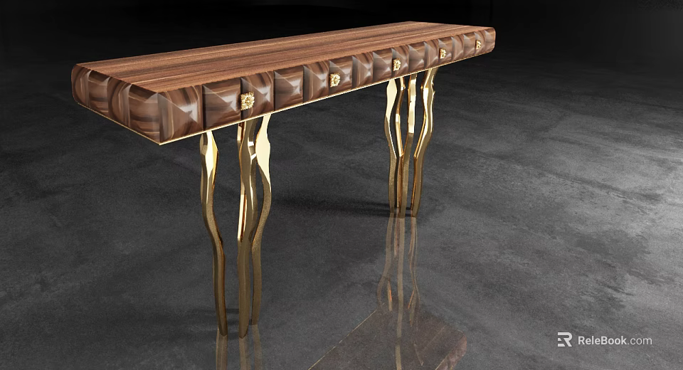 Elegant Console Table With Walnut Wood Top Gold Metal Legs And Drawers 3d model 