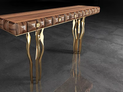 Elegant Console Table With Walnut Wood Top Gold Metal Legs And Drawers 3d model