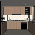 Modern Kitchen Interior With Wooden Cabinets Black Appliances Range Hood And Countertop