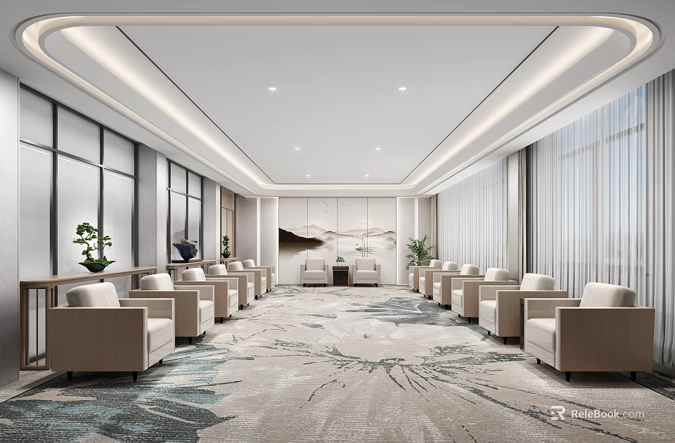 Hotel Public Lounge Area With Beige Armchairs Patterned Carpet Large Windows And Green Plants 3d model 