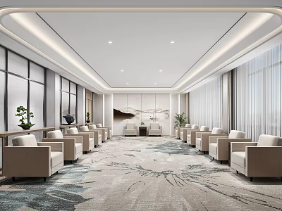 Hotel Public Lounge Area With Beige Armchairs Patterned Carpet Large Windows And Green Plants 3d model