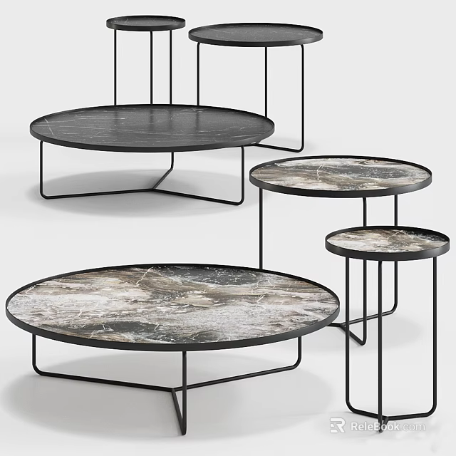 Modern Round Coffee Tables With Marble Tabletop And Black Metal Frame In Various Sizes 3d model 