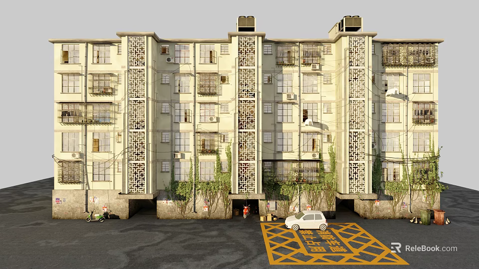 Multi Story Residential Building With Balconies Decorative Grilles Greenery And Parking Space 3d model 