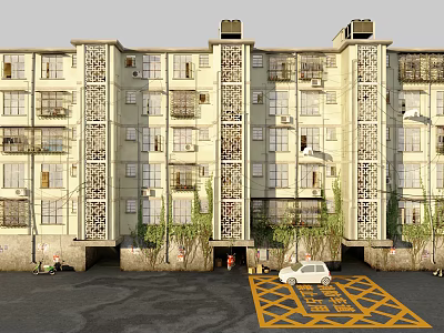 Multi Story Residential Building With Balconies Decorative Grilles Greenery And Parking Space 3d model