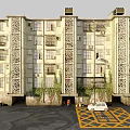 Multi Story Residential Building With Balconies Decorative Grilles Greenery And Parking Space