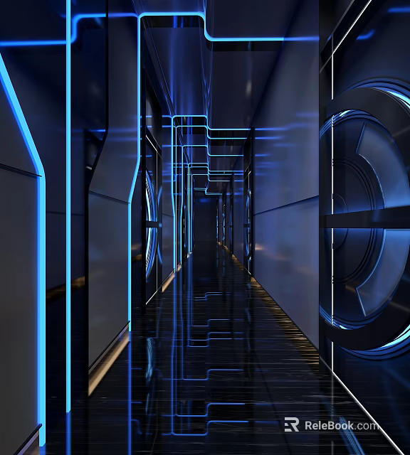 KTV Corridor With Blue Lighting Futuristic Vibe Circular Doors And Reflective Floor 3d model 