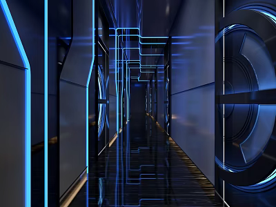 KTV Corridor With Blue Lighting Futuristic Vibe Circular Doors And Reflective Floor 3d model