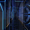 KTV Corridor With Blue Lighting Futuristic Vibe Circular Doors And Reflective Floor