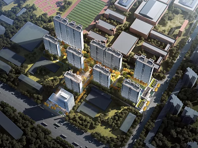 Modern High Rise Residential Complex Aerial View With Green Spaces And Roads 3d model