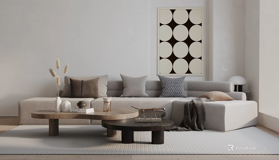 Light Beige Sectional Sofa With Various Cushions And Wooden Coffee Tables In Modern Living Room 3d model 