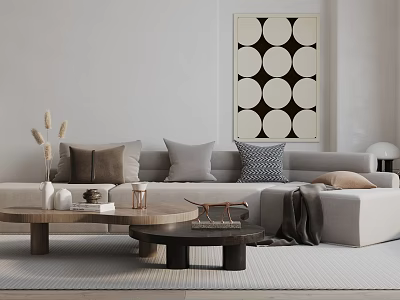 Light Beige Sectional Sofa With Various Cushions And Wooden Coffee Tables In Modern Living Room 3d model