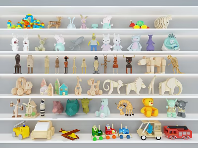 Various Stuffed Animal Dolls and Wooden Toys Displayed on White Shelves Collection 3d model