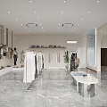 Elegant Modern Clothing Store Interior With White Dresses Display Racks Marble Floor And Cashier Counter