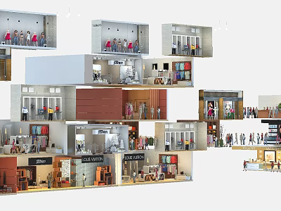 Multi Level Shopping Mall Featuring Various Retail Stores And Shopping Customers 3d model
