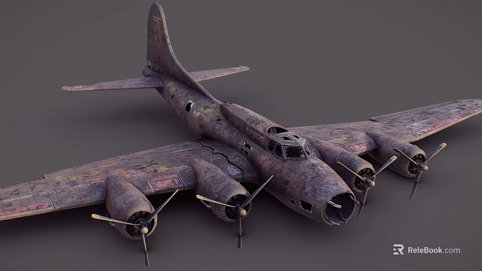 Vintage Passenger Plane With Rusted Exterior Four Propellers and Damaged Body 3d model 